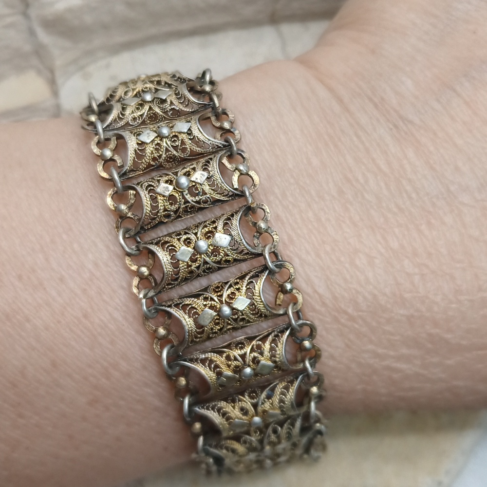 Art Deco Antique sterling silver fligree statement bracelet Gold Plated Vermil